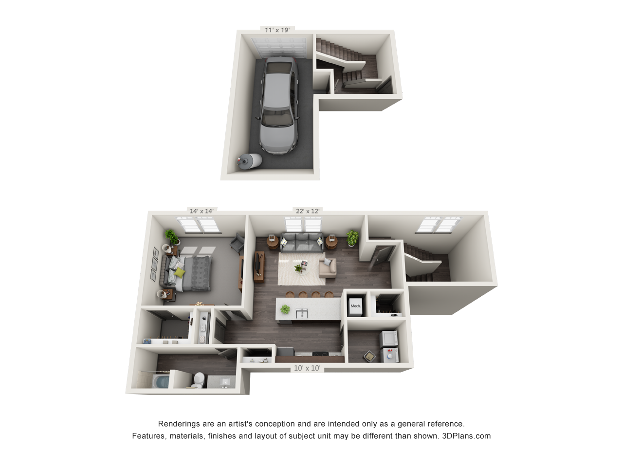 Floor plan for 1 bed, 1 bath, 855 sqft